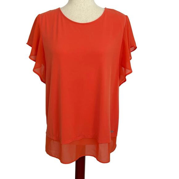 Calvin Klein Blouse Women’s Sz M Orange Flutter Sleeve Semi Sheer Career Top - Picture 1 of 9